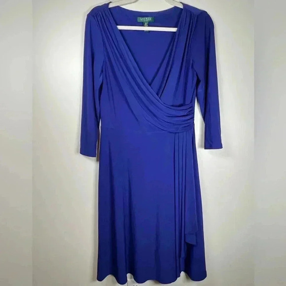 Lauren Ralph Lauren Classic Wrap Style Dress Ruched Deep Blue Women’s Size 10 - Picture 7 of 11